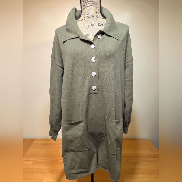 Olive Green Button-Up Romper New Sz M - Picture 1 of 6